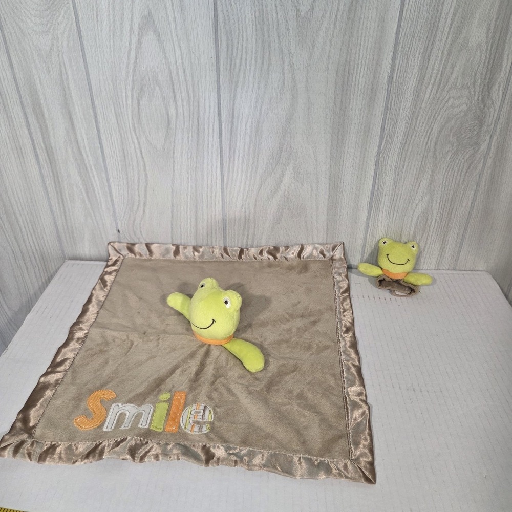 CARTERS Frog Security Blanket Lovey Rattle SMILE Green Tan Orange Satin Wrist